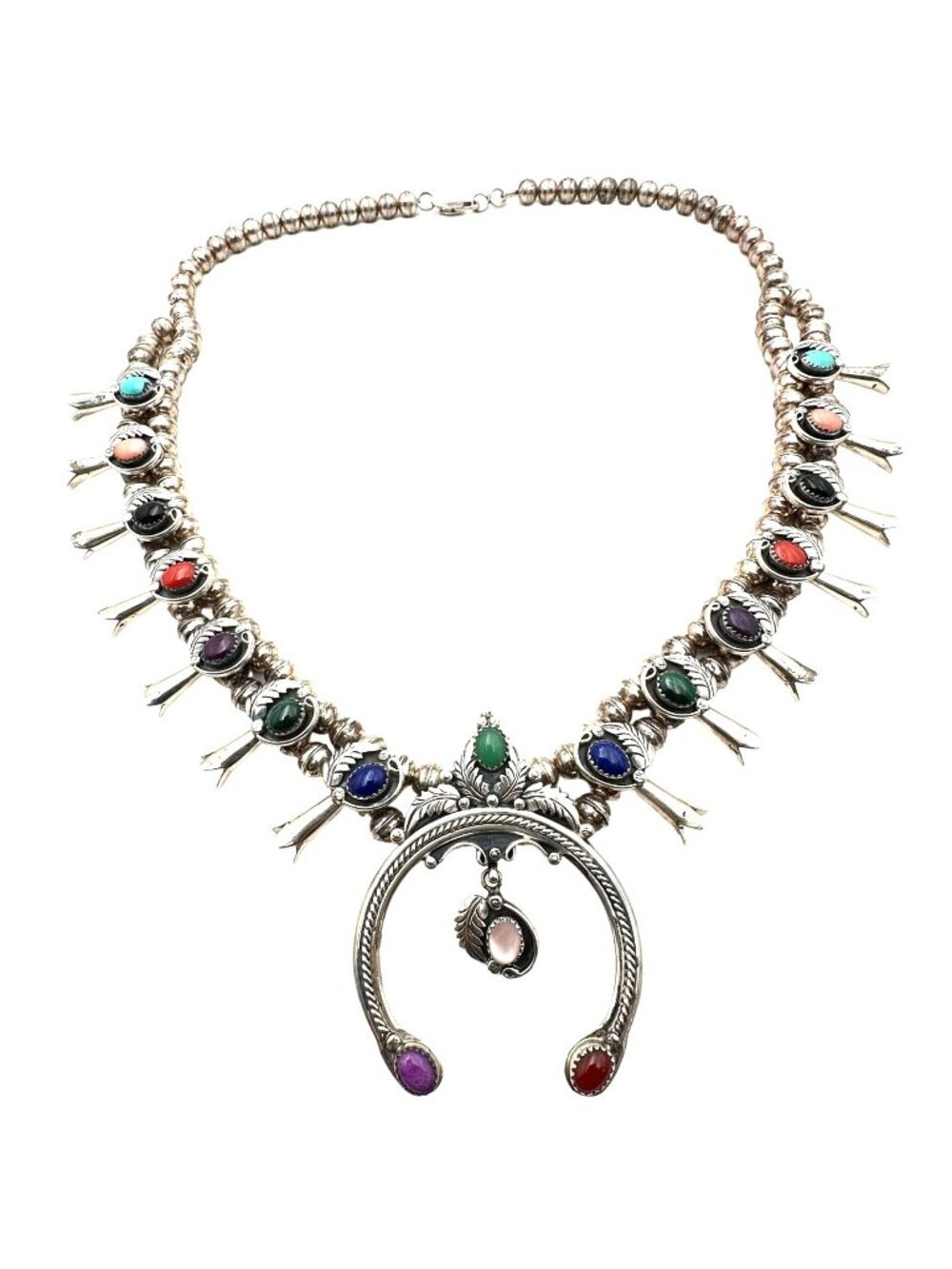 Native American M Haley Sterling Silver Gemstone Squash Blossom Necklace 100 GMS